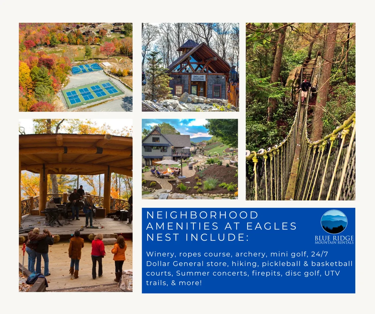 This vibrant exterior scene captures Eagles Nest’s Great Camp, showcasing the ropes course, mini golf area, outdoor stage, and community gathering spaces. The open Great Lawn and nearby hiking trails are also visible, bustling with activity and framed by natural surroundings.